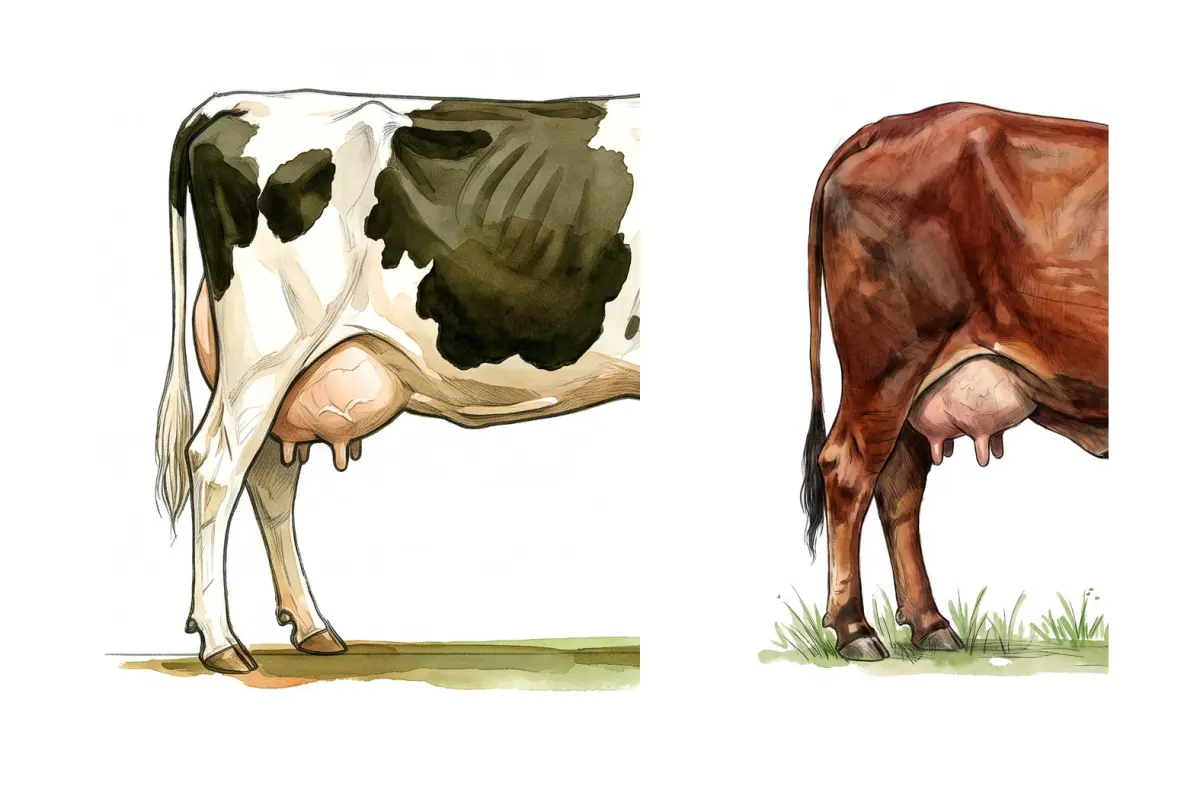 Aquarela do livro: garupa de vaca Holandesa ao lado da garupa de vaca Gir, na mesma escala