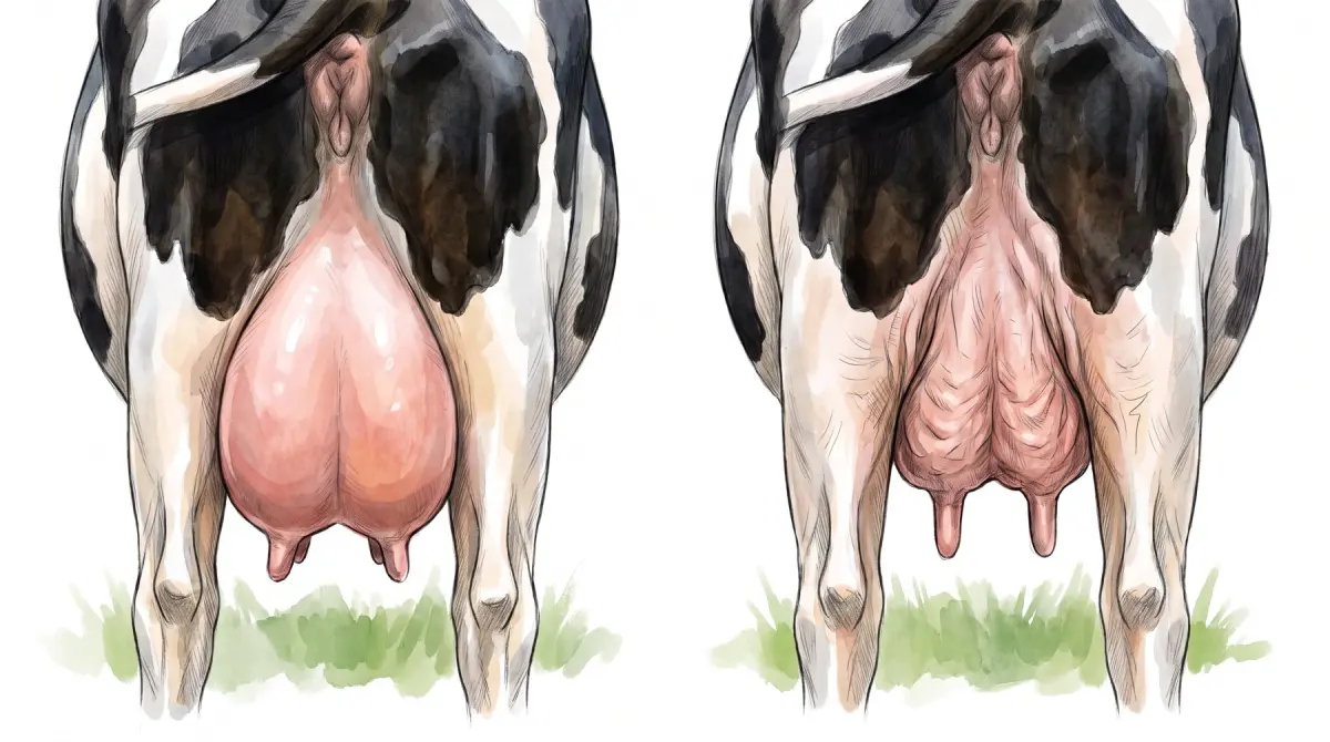 Aquarela do livro: o mesmo úbere de vaca de leite cheio, antes da ordenha, e vazio, depois