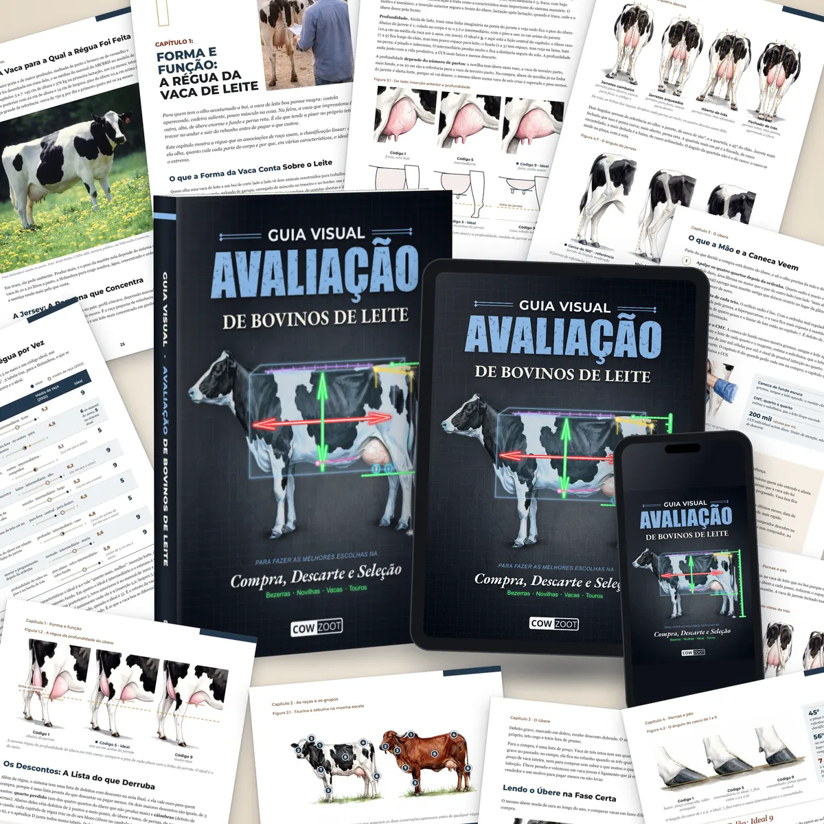 O livro, o tablet e o celular com o Guia Visual, rodeados de páginas reais do livro
